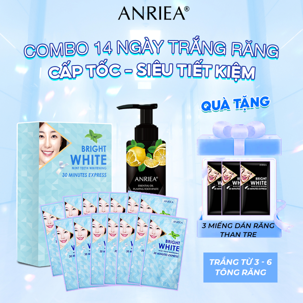 Combo miếng dán trắng răng  14 ngày bạc hà và kem đánh răng Hương Chanh Anriea