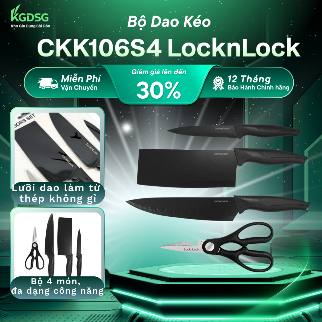 Bộ dao kéo CKK106S4 LocknLock 4 món đa dạng công năng, lưỡi dao được làm từ thép không gỉ, có phủ lớ