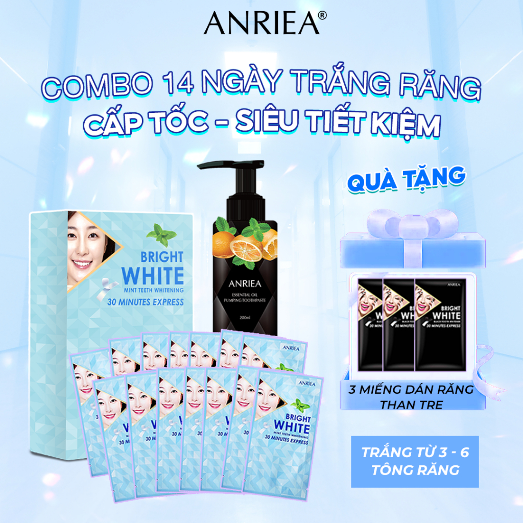 Combo miếng dán trắng răng  14 ngày bạc hà và kem đánh răng Hương Cam Anriea