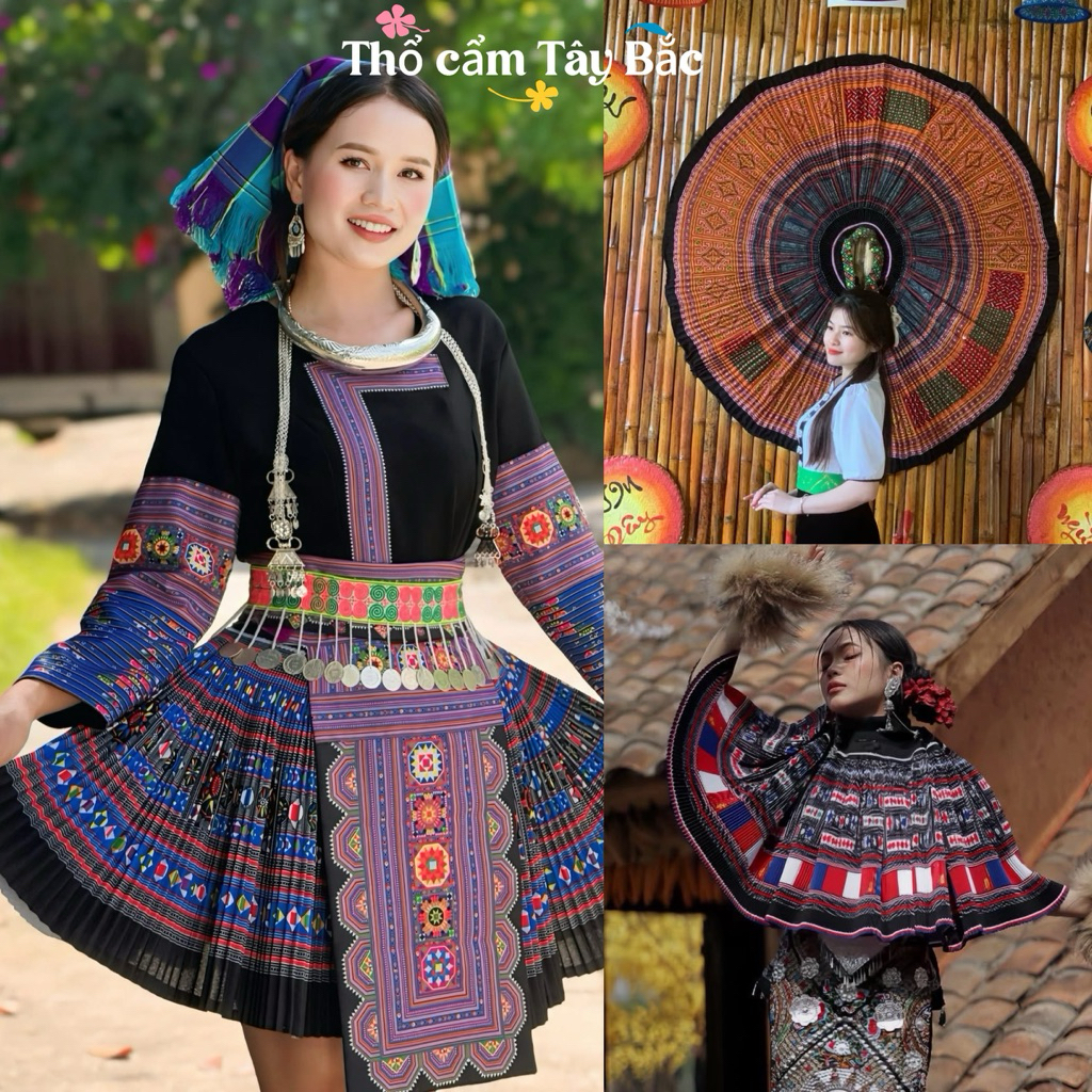 Chân váy H'mong vải cứng dập ly in hoạ tiết thổ cẩm phù hợp mặc lễ hội, decor treo tường