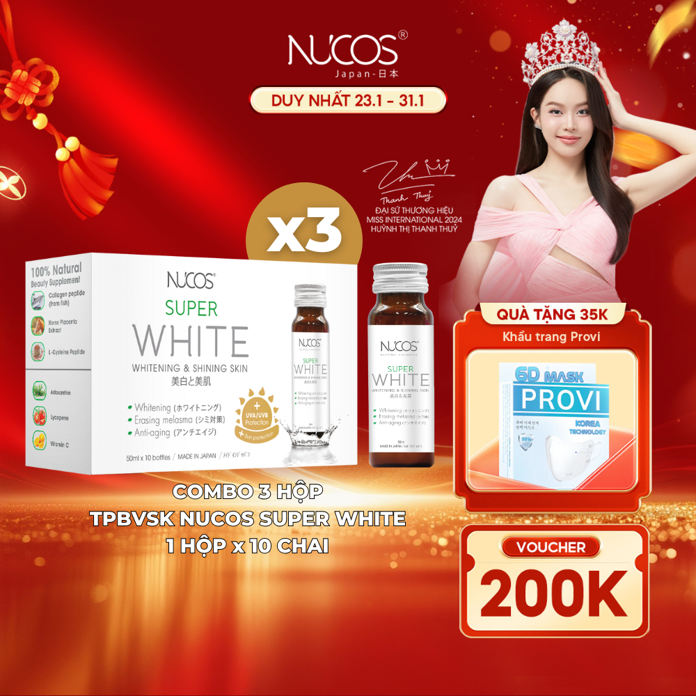 [3 Hộp] TPBVSK Nước uống Collagen Nucos Super White Hỗ Trợ Dưỡng Trắng Da Mờ Thâm Nám [3h x10cx50ml] | BigBuy360 - bigbuy360.vn