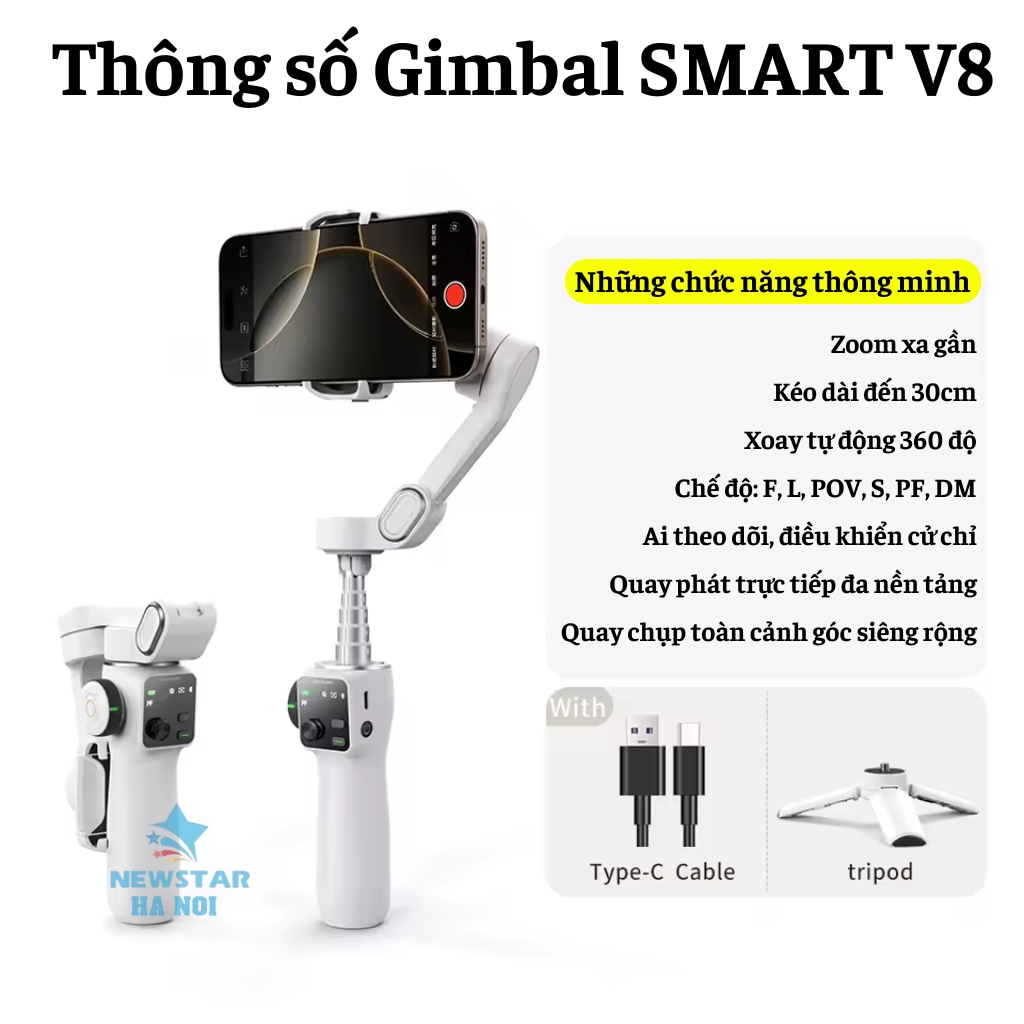 Gimbal chống rung điện thoại Smart V8 Pro, Gậy quay video chống rung - Pin 2600mAh - Tracking Ai 8.0 | BigBuy360 - bigbuy360.vn