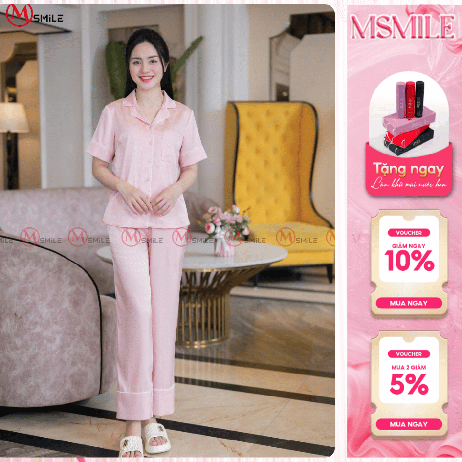 Bộ mặc nhà MSMILE lụa Satin cao cấp áo ngắn quần dài suông, chất liệu cao cấp, thoáng mát - BD340