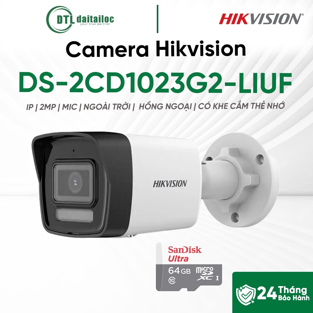 Camera Hikvision DS-2CD1023G2-LIUF (IP/2MP/MIC/NGOÀI TRỜI/HỒNG NGOẠI/CÓ KHE CẮM THẺ NHỚ) | Chính Hãn