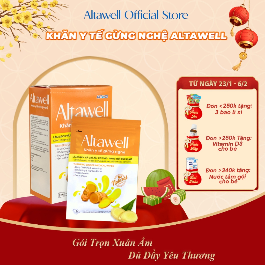 Khăn Gừng Nghệ Altawell - Hỗ Trợ Làm Sạch Khử Mùi Sáng Da Giữ Ấm - Nghệ Nano Curumin Hiệu Quả