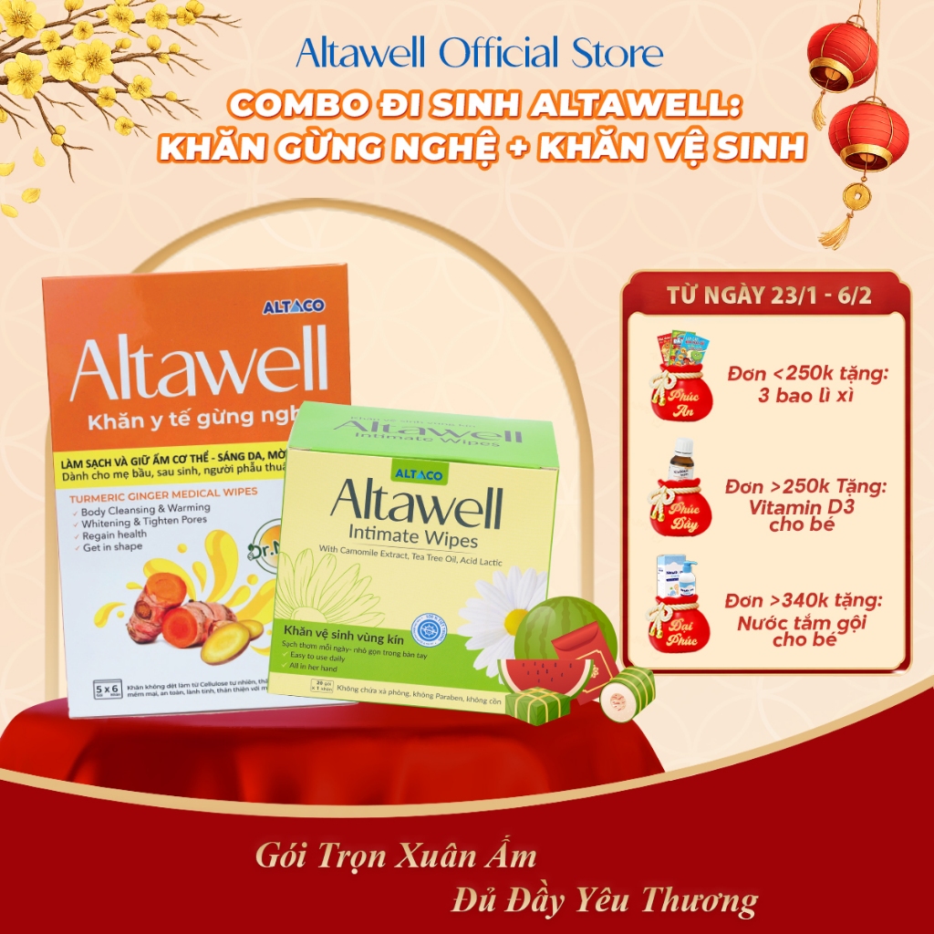 Combo Đi Sinh Altawell Khăn Y Tế Gừng Nghệ & Khăn Vệ Sinh Phụ Nữ - Hỗ Trợ Làm Sạch, Khử Mùi, Lành Tí