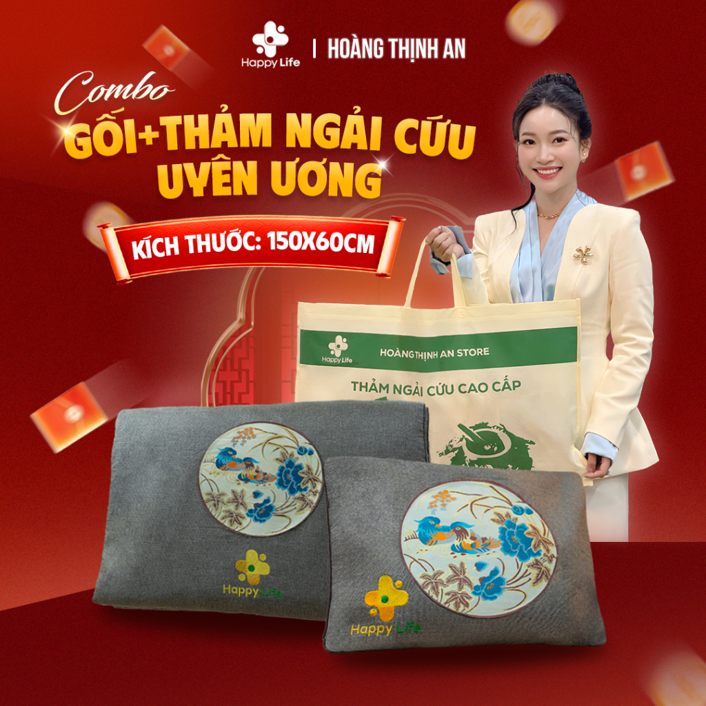 Combo Thảm Và Gối Ngải Cứu Uyên Ương Hoàng Thịnh An Happy Life