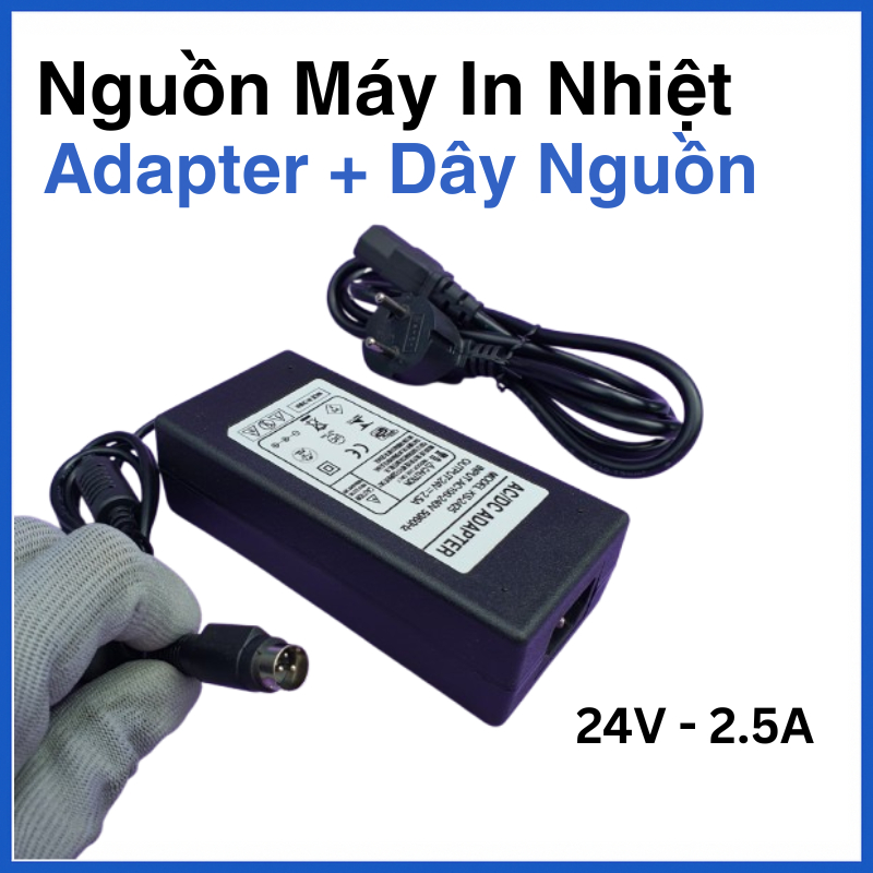 Nguồn máy in nhiệt 24V 2.5A – Jack 3 pin – Trọn bộ adapter + dây nguồn cho máy in bill