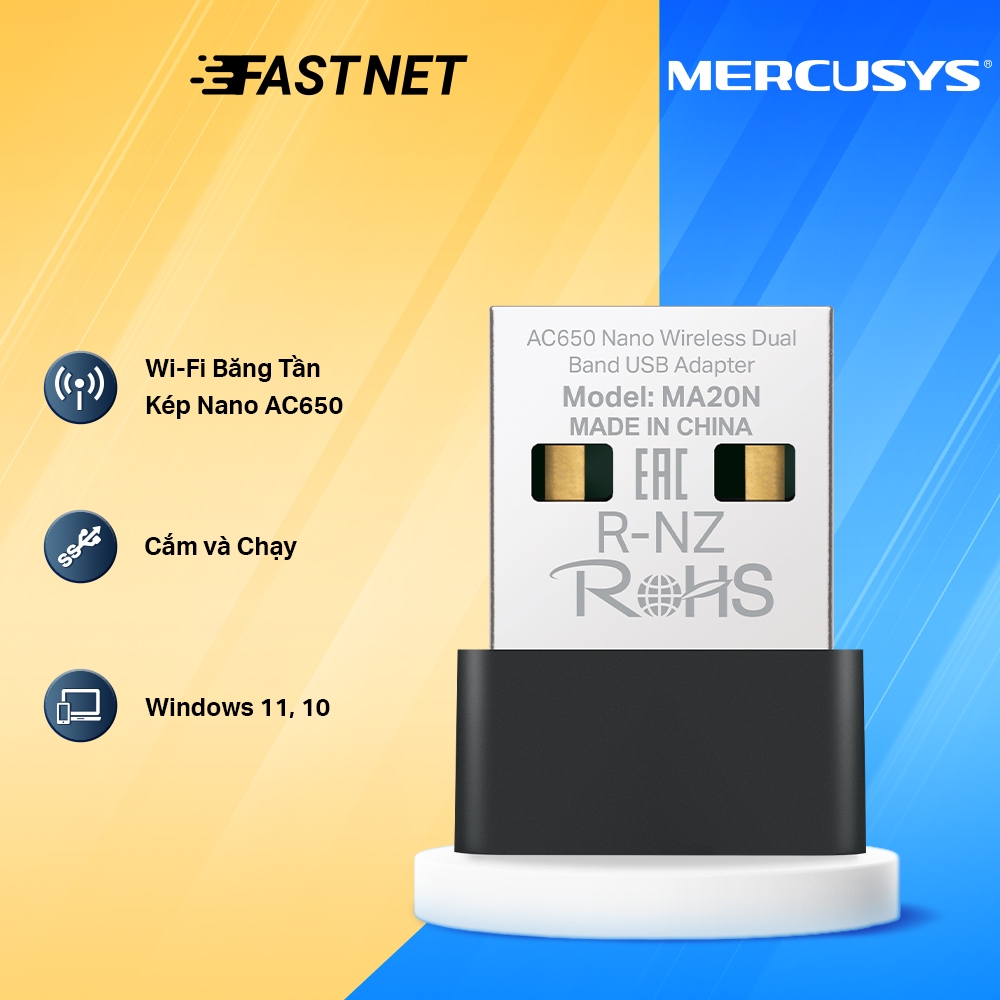 Mercusys MA20N USB Wi-Fi AC650 Hỗ Trợ Hai Băng Tần 2.4GHz/5GHz