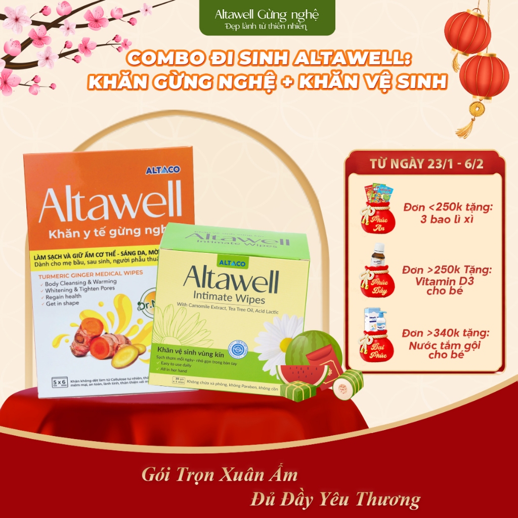 Combo Đi Sinh Altawell Khăn Y Tế Gừng Nghệ & Khăn Vệ Sinh Phụ Nữ - Hỗ Trợ Làm Sạch, Khử Mùi, Lành Tí