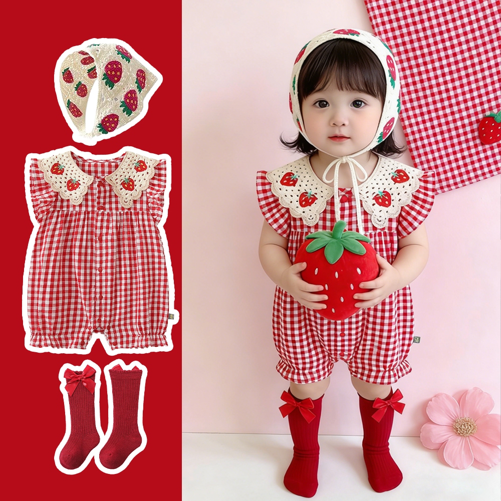 3Pcs Set Newborn Baby Jumpsuit Cute Strawberry Plaid Girl Clothes Cotton Tights Baby Clothes for 0-2