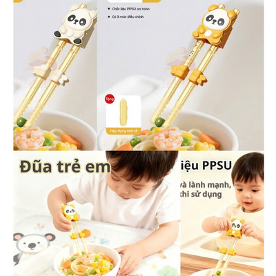 Đũa tập gắp cho bé Chất liệu PPSU, Đũa tập ăn hình gấu trúc KidsWorld 3 giai đoạn 1-6 tuổi cho bé