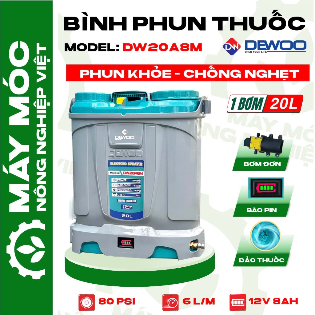 Bình Phun Thuốc Điện 20L - DEWOO - DW20A8M - 1 Bơm - Phun Khỏe - Xài Bền