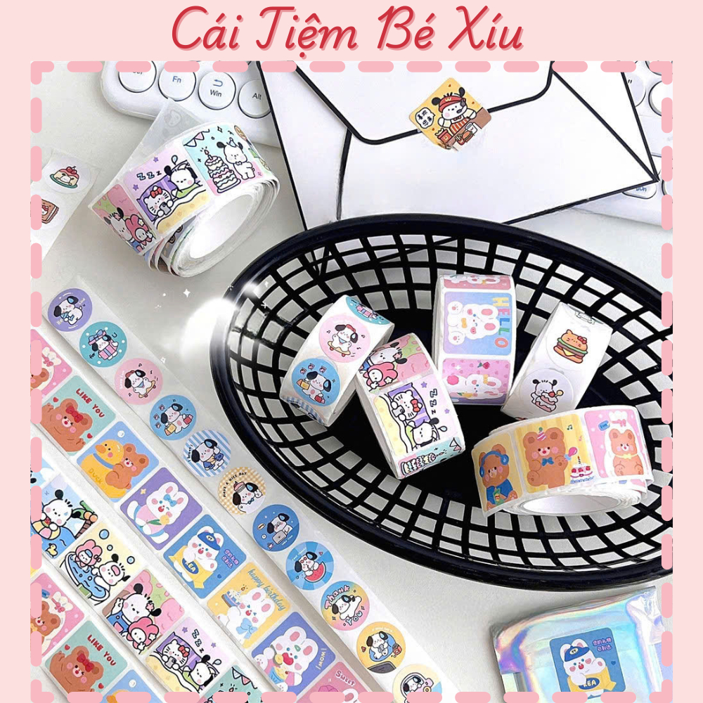 Cuộn 300 sticker hình cún, thỏ, capybara dễ thương - Sticker trang trí