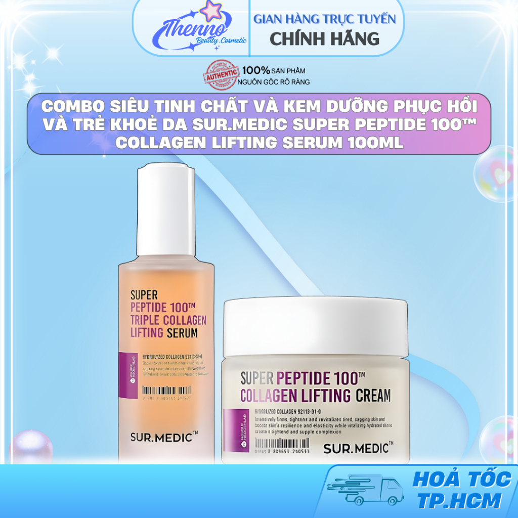 Combo Siêu Tinh Chất Và Kem Dưỡng Phục Hồi và Trẻ Khoẻ Da Sur.Medic Super Peptide 100™ Collagen Lift