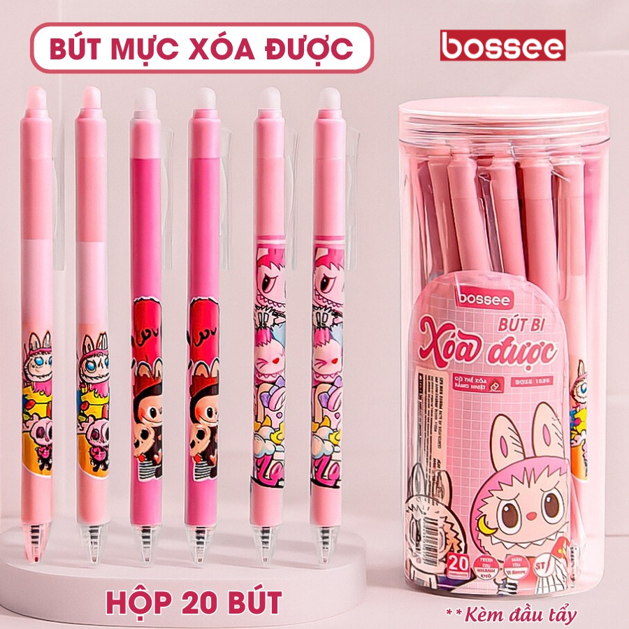 Bút gel xóa được Hộp 20 bút mực xanh/ tím ngòi ST 0.5mm - Họa tiết Labubu, Capybara, Shin, Naruto, Chiikawa _ Bossee
