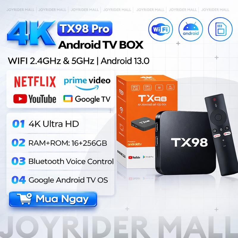 TV Box Android 13 - TX98 Pro - 4K UHD - 16G+256G - Điều Khiển Giọng Nói - Bluetooth