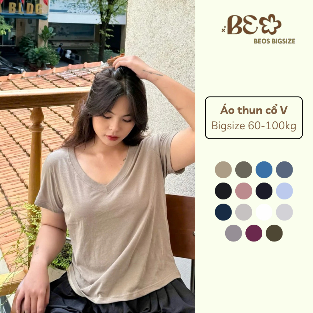 BEOS BIGSIZE, ÁO THUN CỔ V RỘNG VẢI MỎNG THOÁNG MÁT CHO BIGSIZE 60-100KG
