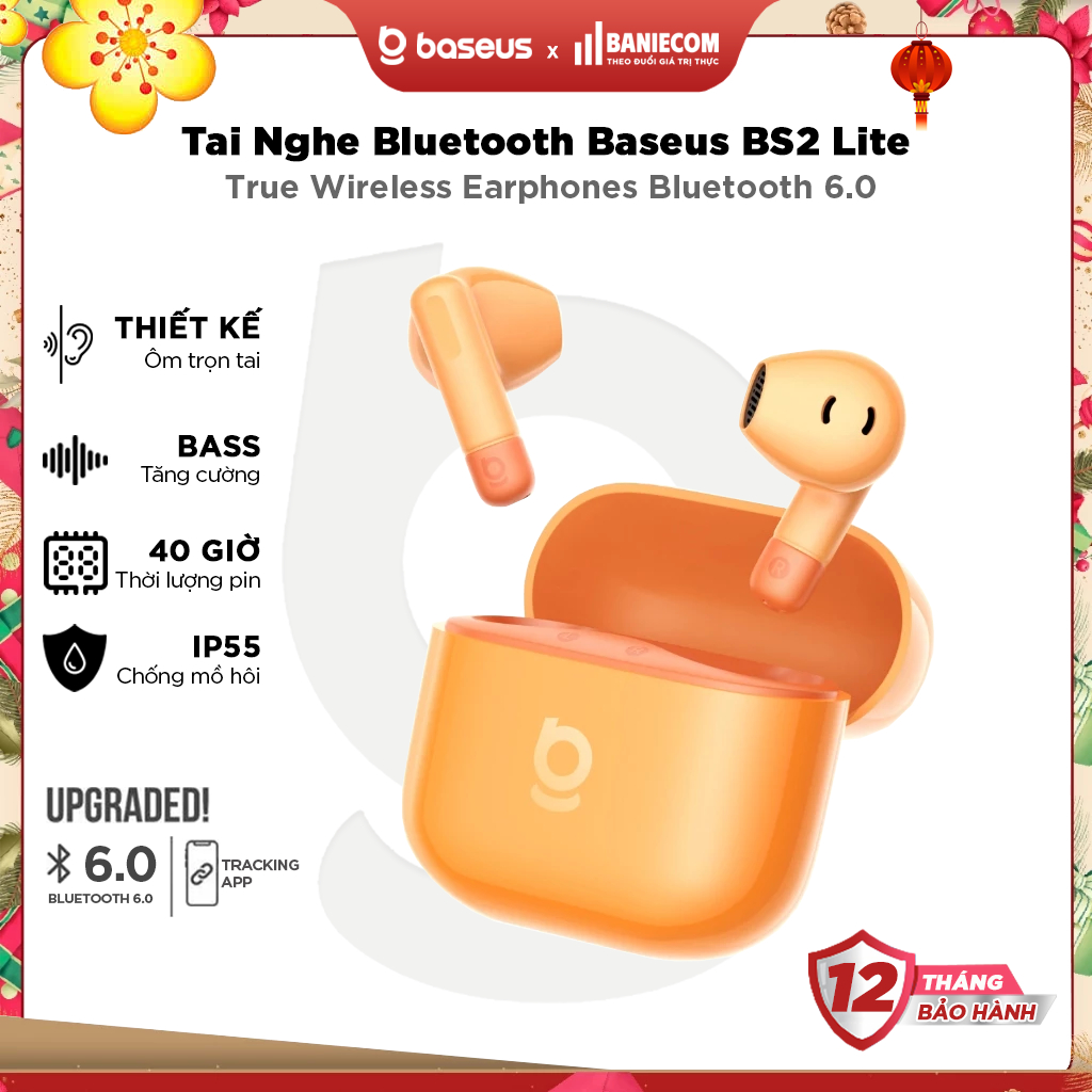 Tai nghe Bluetooth Baseus BS2 Lite True Wireless Earbuds Pin 40 Giờ, Tai nghe 7 Giờ, APP, GPS, EQ