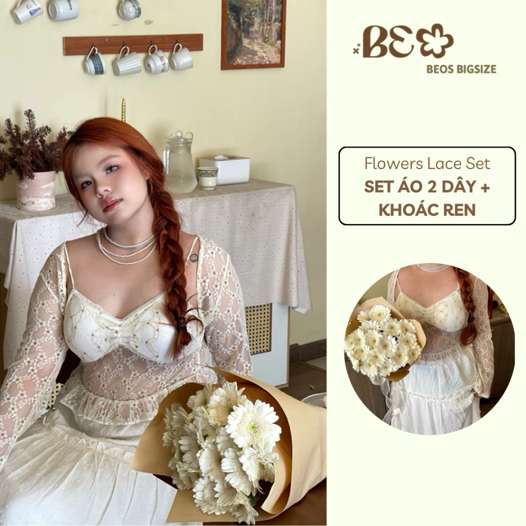 [BEOS BIGSIZE] Flowers Lace Set - SET ÁO 2 DÂY + KHOÁC REN