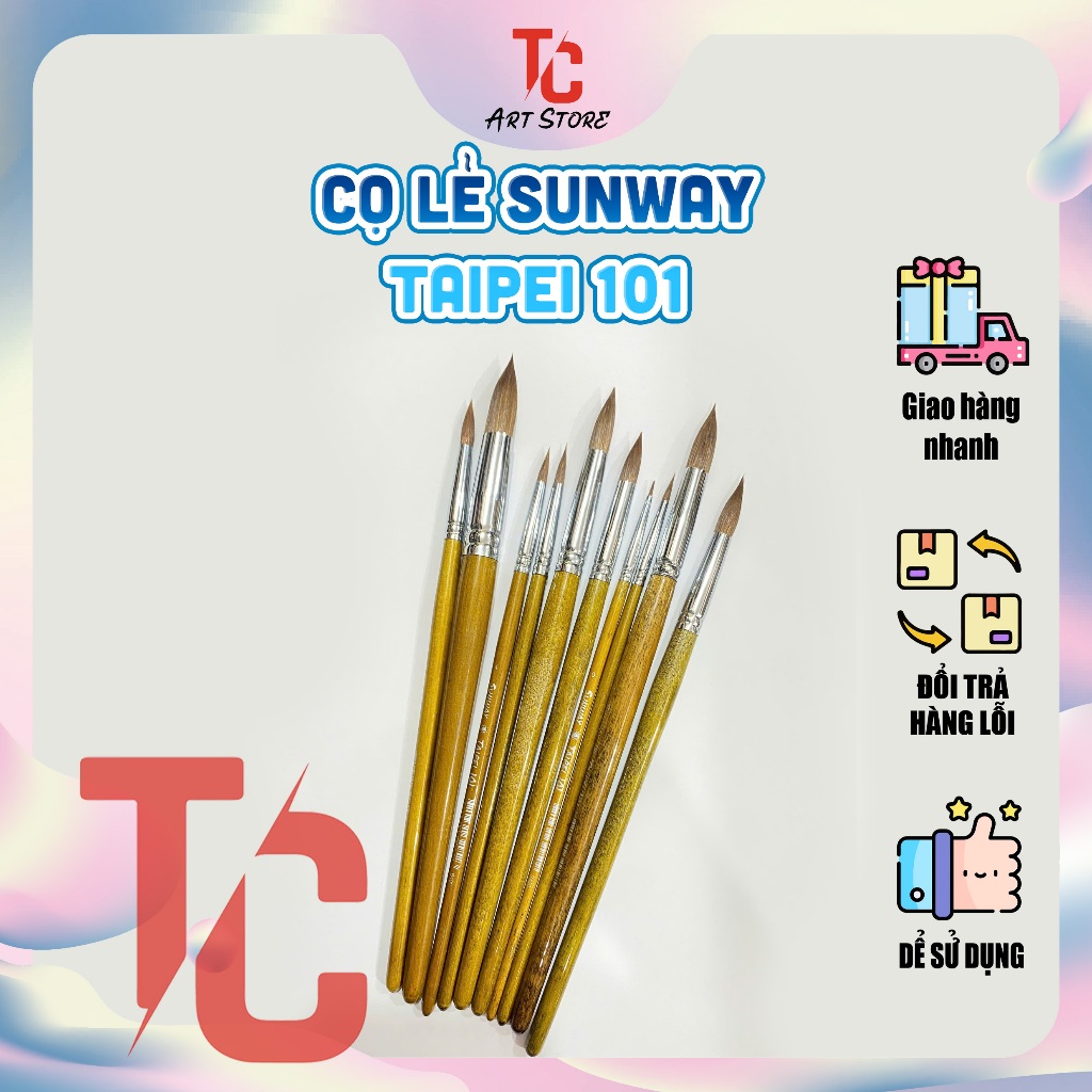 Cọ Vẽ Sunway Taipei 101 – Cọ Lẻ Đầu Tròn Cao Cấp Cho Màu Nước, Gouache, Acrylic (Đủ Size)