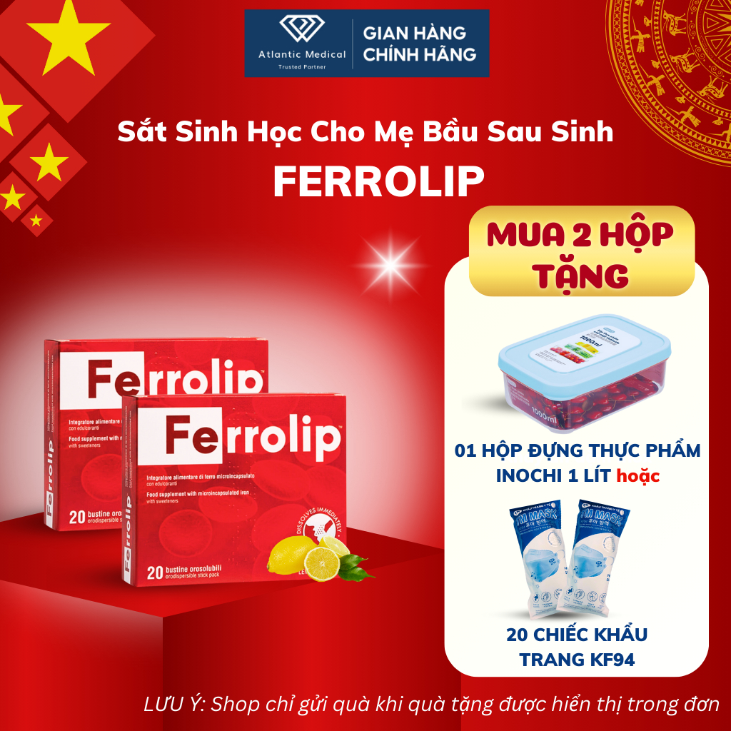 [Quà Hời] Combo 2 Hộp Sắt Bột FERROLIP Bổ Sung Sắt Hữu Cơ Không Táo Bón Không Tanh Vị Chanh Cho Bà Bầu Có Tích Điểm