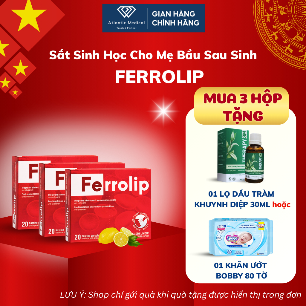[Quà Hời] Combo 3 Hộp Sắt Bột FERROLIP Bổ Sung Sắt Hữu Cơ Không Táo Bón Không Tanh Vị Chanh Cho Bà Bầu Có Tích Điểm