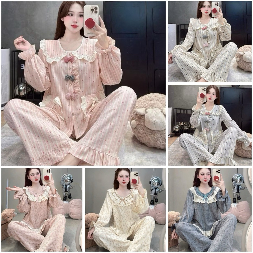 Bộ Mặc Nhà Cổ Sen viền bèo 3 nơ chất liệu Vân mây mới mềm đẹp dễ thương cho Nữ