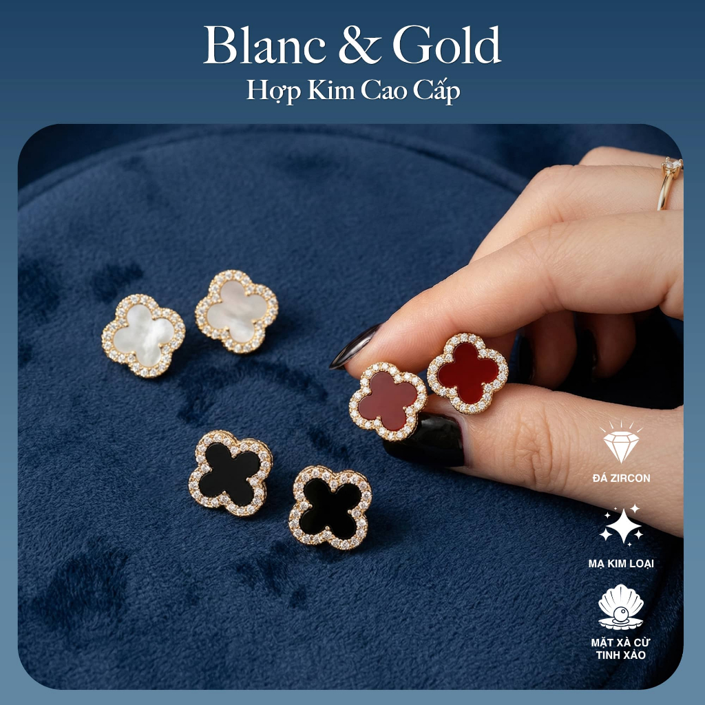 Bông tai nữ bạc cỏ bốn lá đính đá sang trọng đen trắng đỏ Hoa tai ChicEar Jewelry đính pha lê Zirconia cao cấp