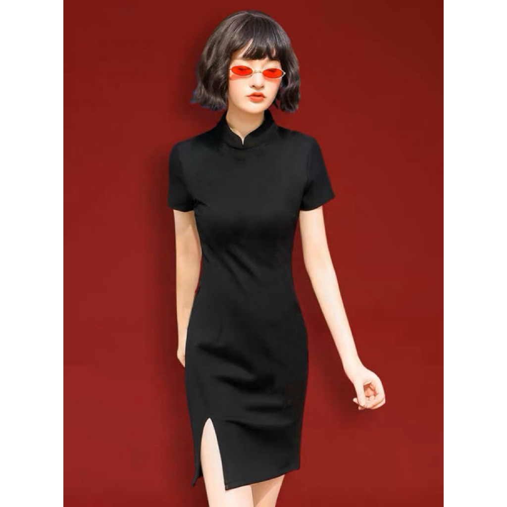 Sườn xám đen vải lụa size M (Fleur Studio)