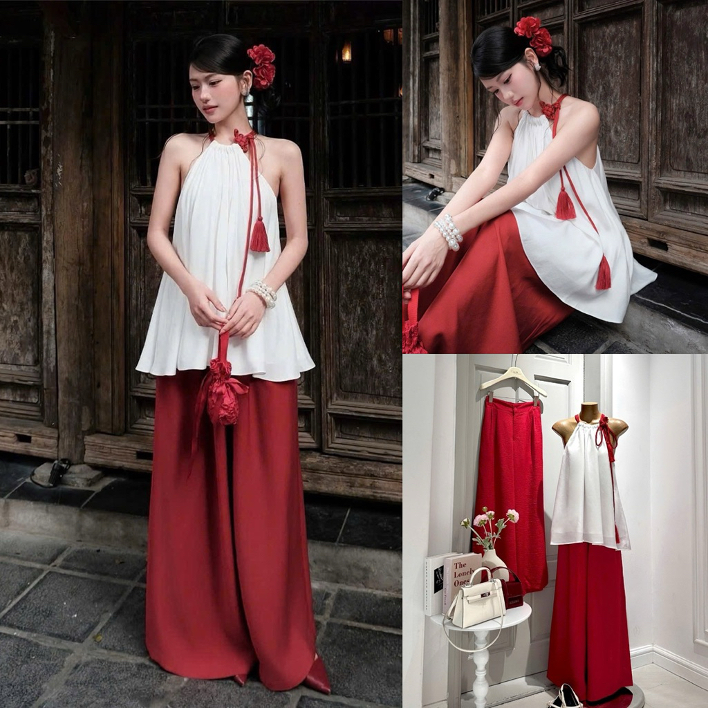 SET SUÔNG TRẮNG CỔ YẾM RÚT CỘT DÂY ĐỎ + QUẦN