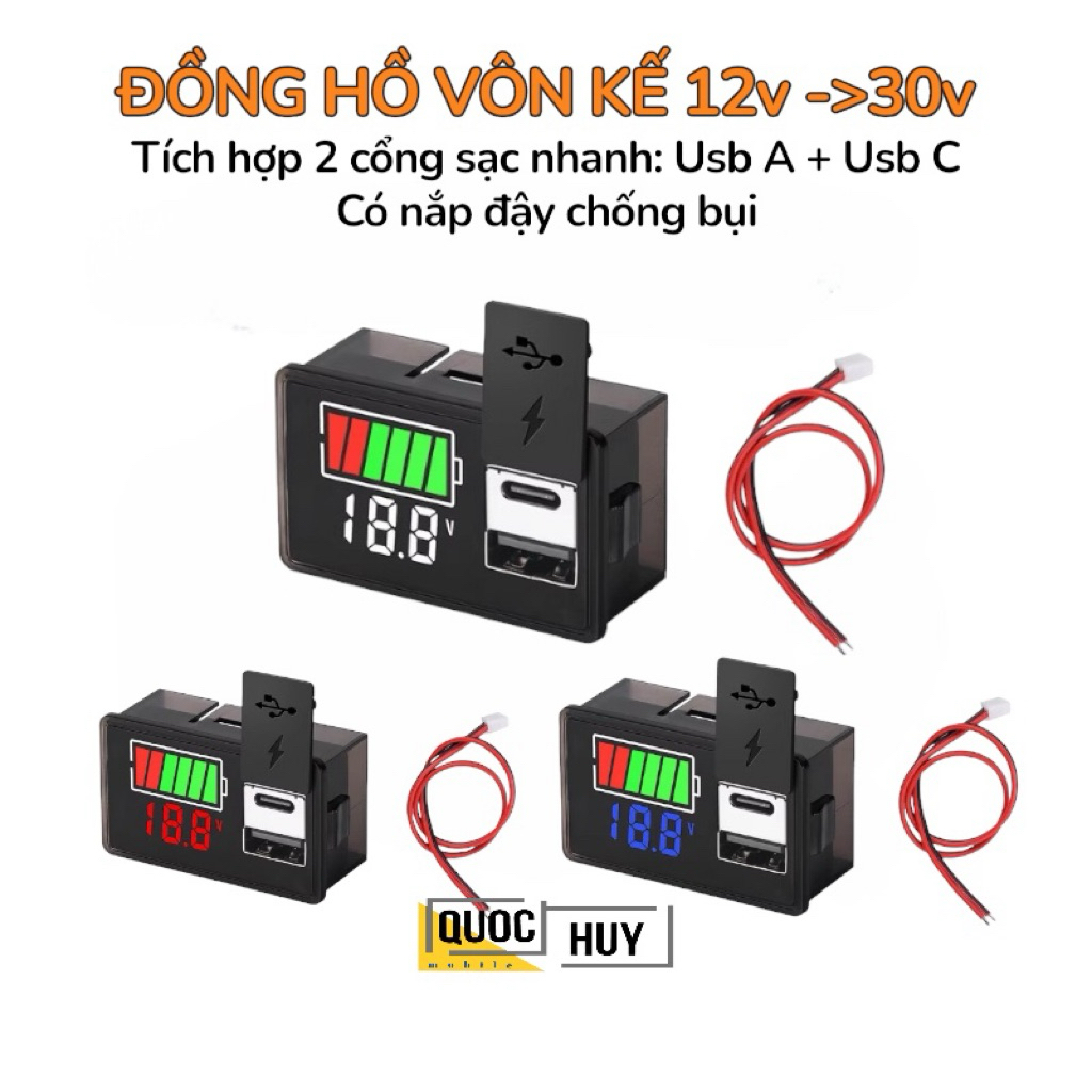 Đồng vồ đo vôn kế tích hợp 2 cổng sạc Usb +Type-c có chức năng sạc nhanh điện thoại DC8-30v