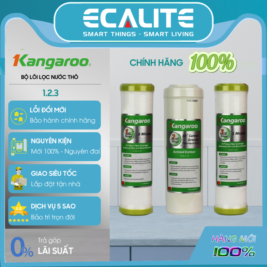 Combo 3 lõi lọc nước Kangaroo số 123 lõi số 1 PP 5 Micron – lõi số 2 than hoạt tính – lõi số 3 PP 1 Micron