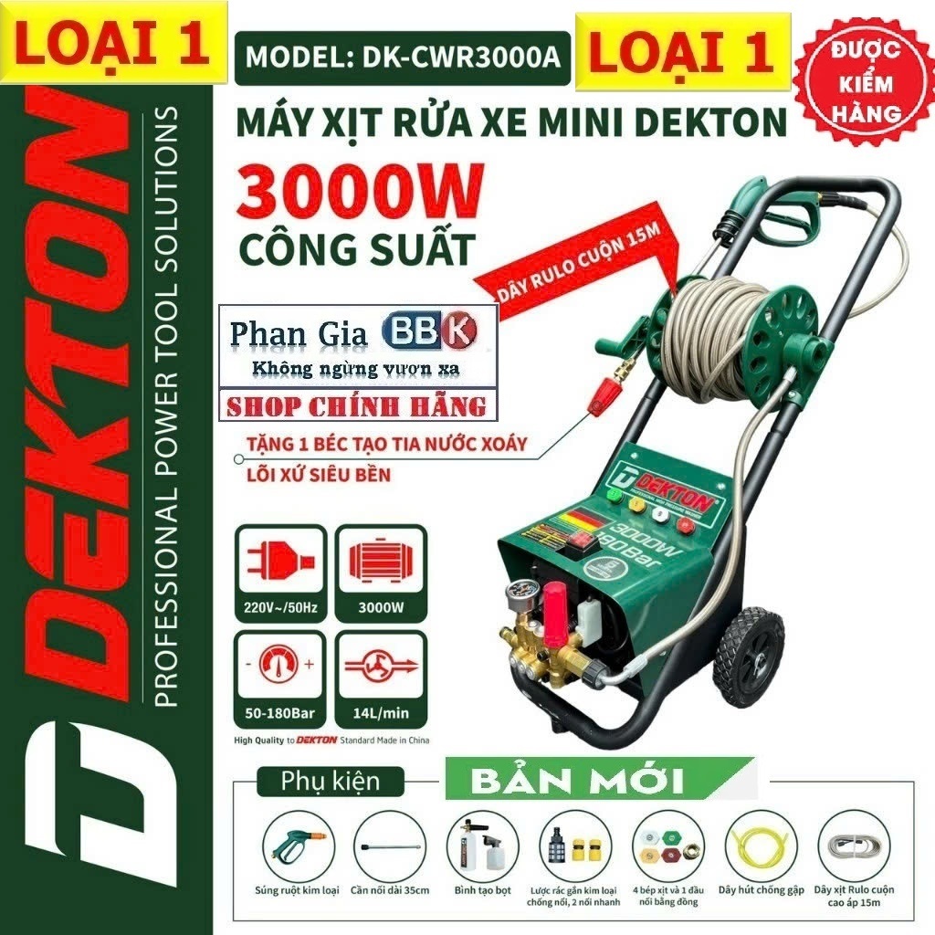Máy Rửa Xe DEKTON 3000W CWR3000A - Áp Lực 180Bar, Lưu Lượng 14L/min, An Toàn, Bảo Hành 1 Năm.