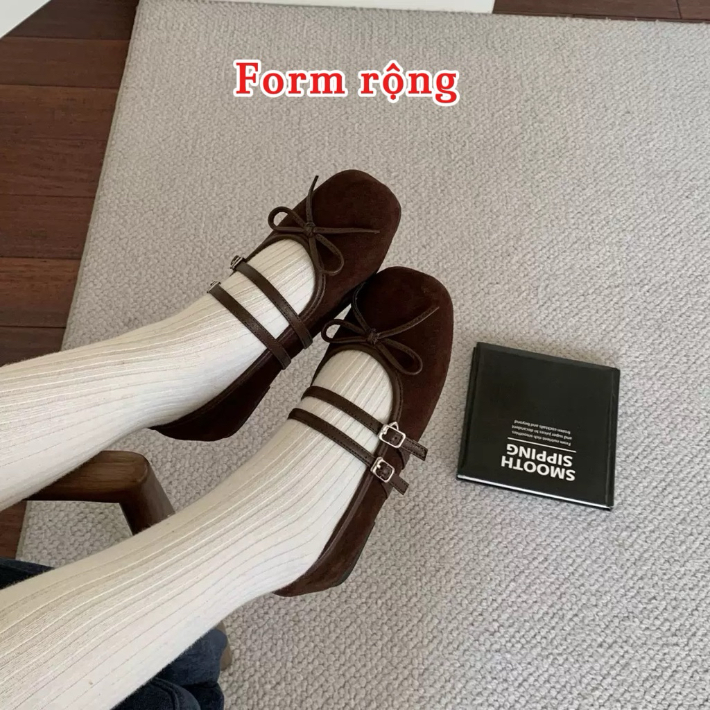 (FORM RỘNG) Giày búp bê nữ gắn Nơ da nỉ êm mềm,giày bệt có 2 quai cài hotrend