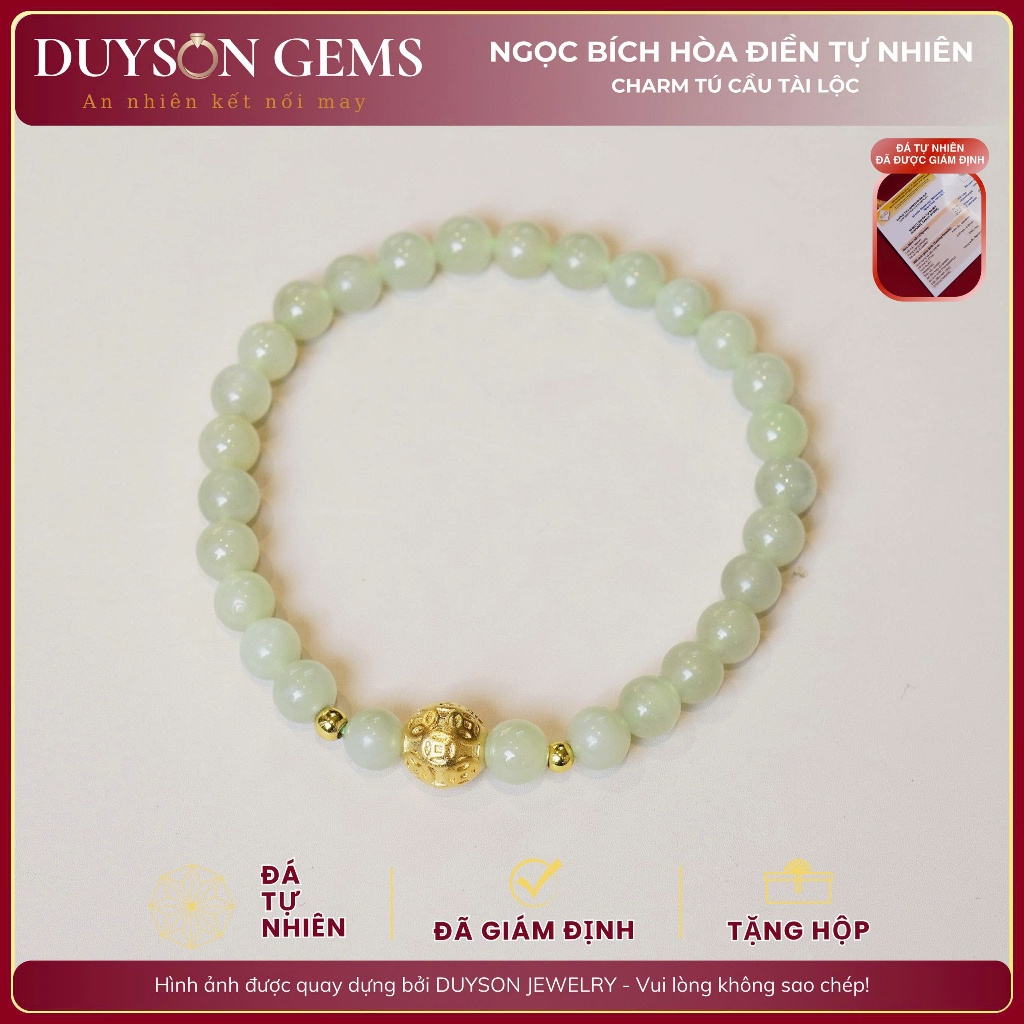 Vòng tay chuỗi ngọc bích Hòa Điền tự nhiên mix charm kim tiền mạ vàng 18k may mắn năm mới Duyson Gem