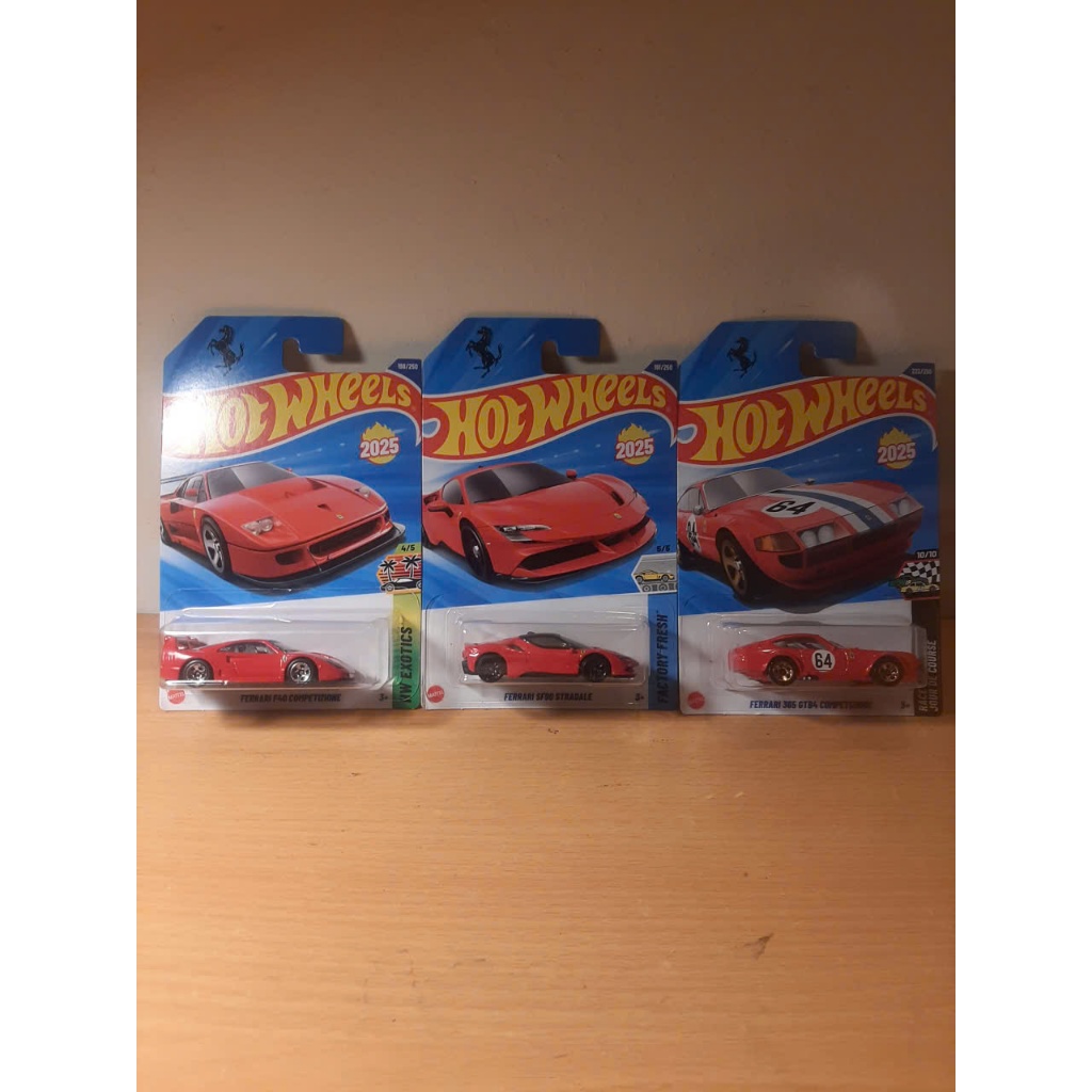 Set 3 xe Hot Wheels Ferrari 365, Ferrari F40, Ferrari SF90 đỏ – xe mô hình 1:64( đẹp 100%)