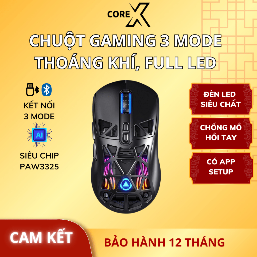 Chuột gaming không dây COREX G17 bluetooth pin sạc nhẹ có lỗ chip PMW3325 3 mode wirless 2.4g RGB