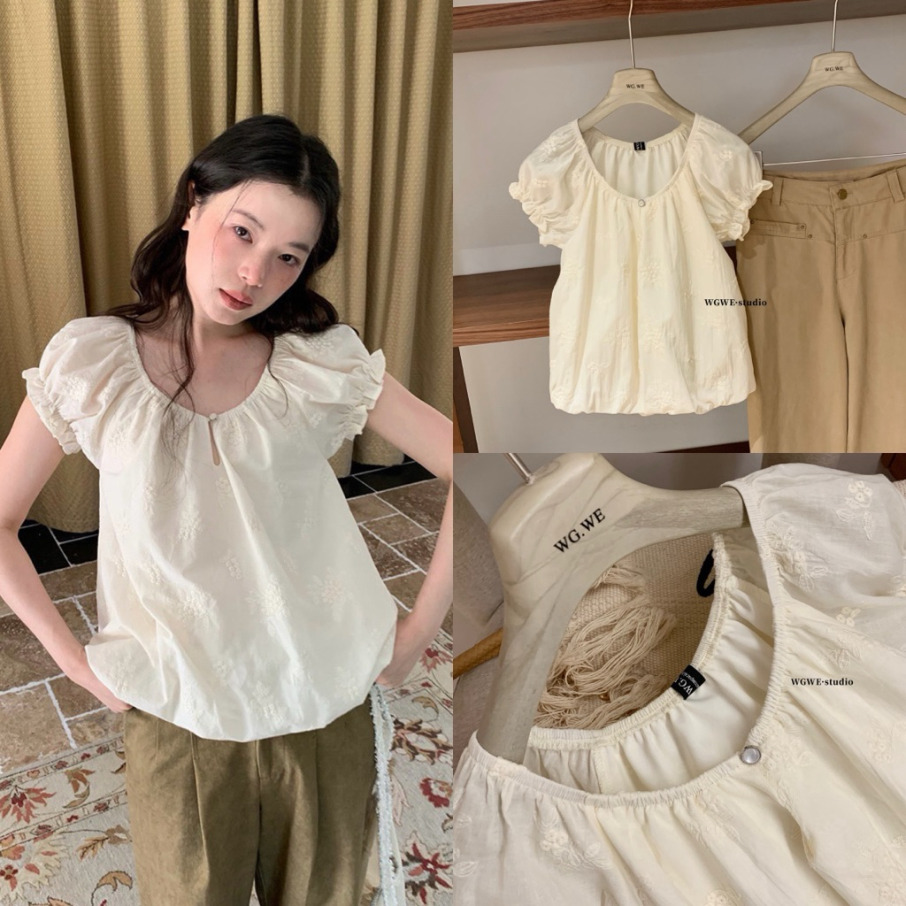 𝐋𝐄𝐌𝐎𝐍𝐀 x WGWE - Áo Bèo Babie Ngắn Tay Thêu Hoa W8740#