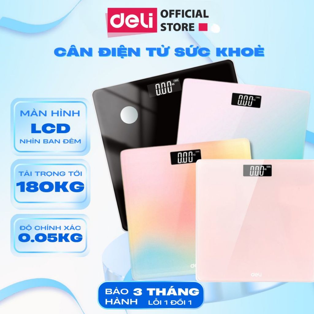 Cân Điện Tử Sức Khỏe DELI Chịu Tải 180KG Màn Hình Số LCD Cân Chính Xác Thiết Kế Nhỏ Gọn Cho Gia Đình