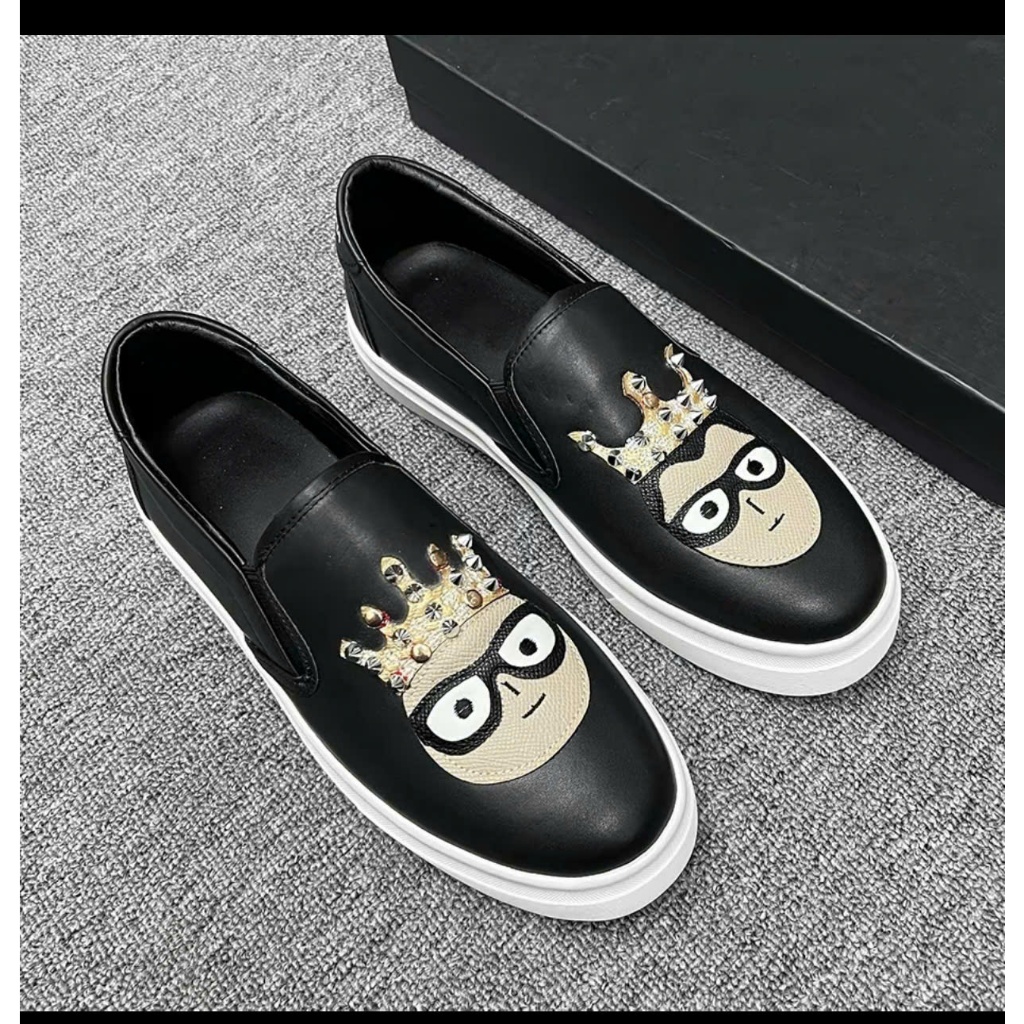 Giày Lười Nam vương miện Da Cao Cấp Giày Slipon Boy Phố  Chun Chéo Trắng Đen Kiểu Dáng Sang Trọng