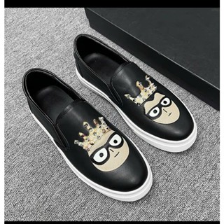 Giày Lười Nam vương miện Da Cao Cấp Giày Slipon Boy Phố  Chun Chéo Trắng Đen Kiểu Dáng Sang Trọng