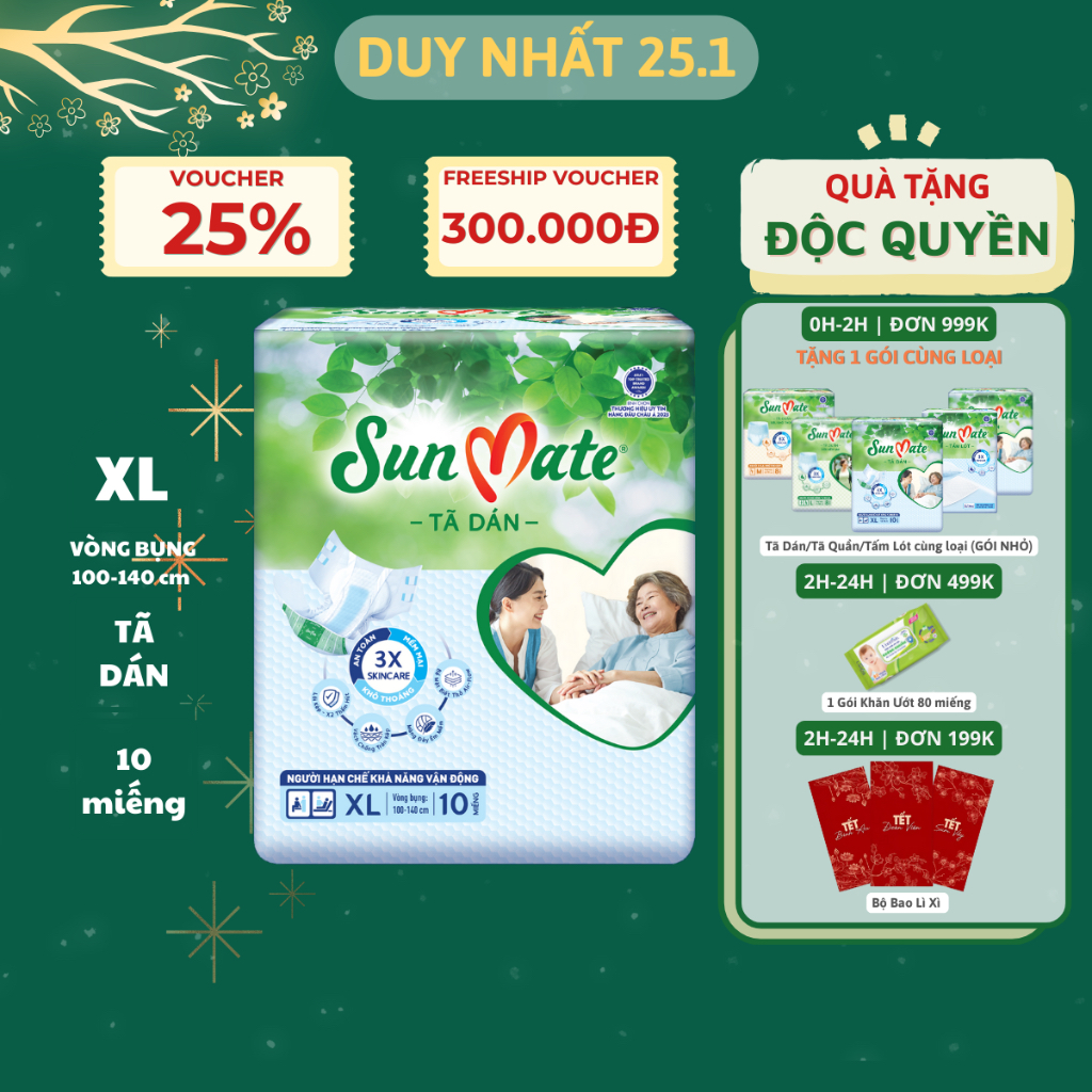 Tã dán người lớn SunMate mới size M10/L10/XL10
