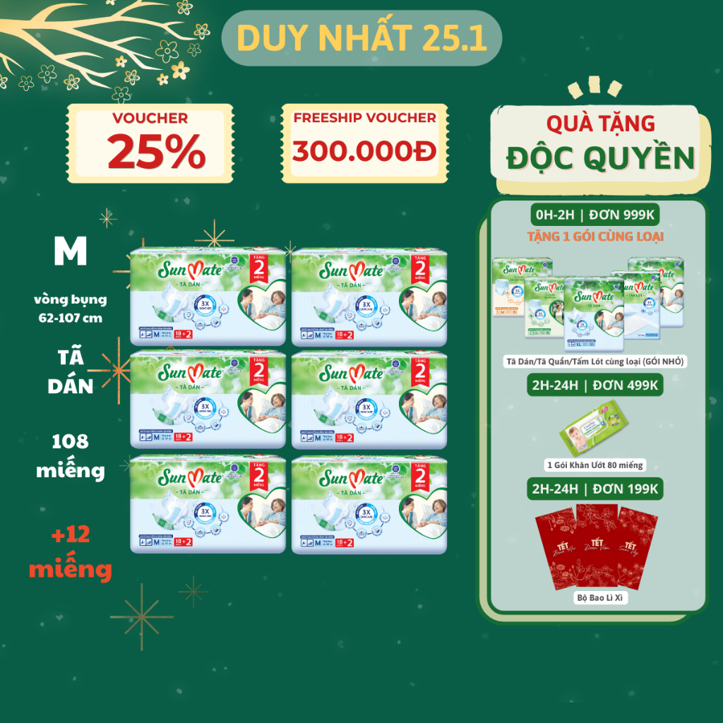 Combo 6 gói - Tã dán người lớn SunMate mới size M18 + 2 miếng