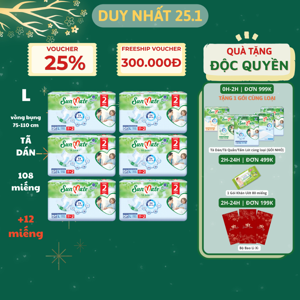 Combo 6 gói - Tã dán người lớn SunMate mới size L18 + 2 miếng