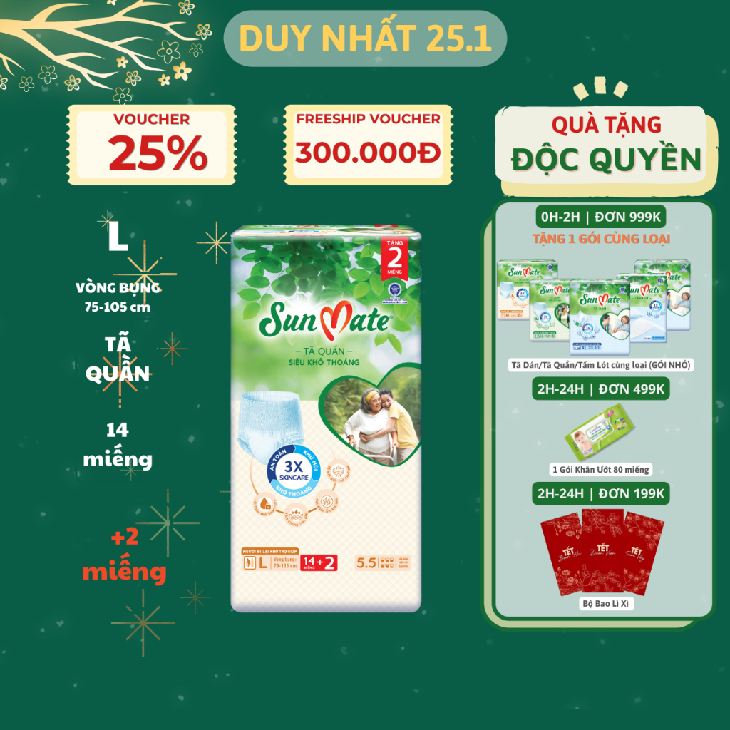 Tã quần người lớn SunMate siêu khô thoáng mới size M8/L7/L14
