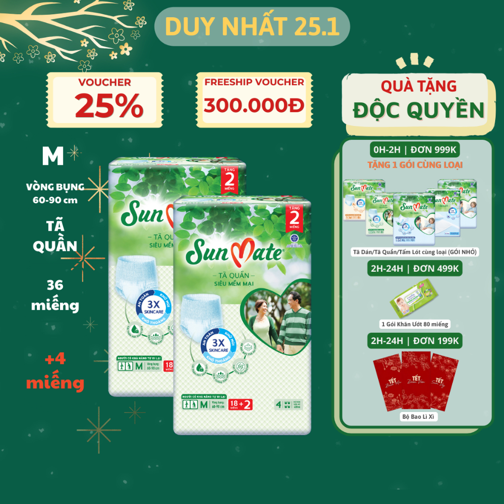 Combo 2 - Tã quần người lớn SunMate siêu mềm mại mới size M18/L16/XL14 + 2