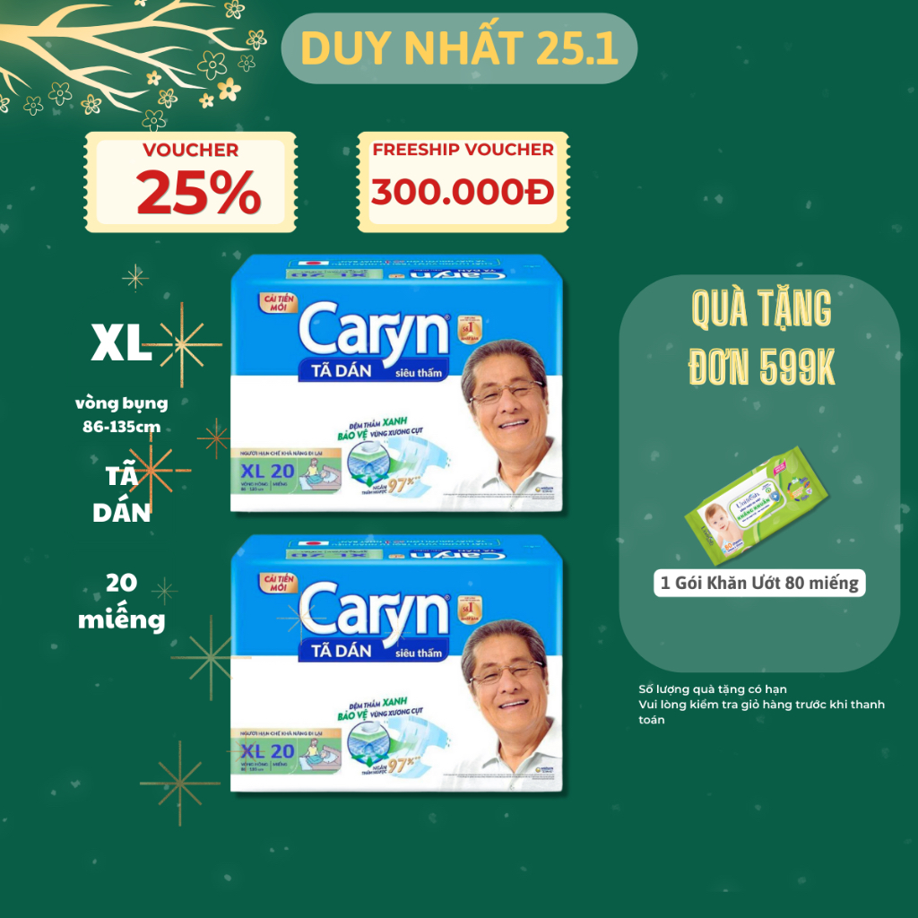 Combo 2 - Tã/Bỉm dán người lớn siêu thấm Caryn size M / L / XL - 20 miếng