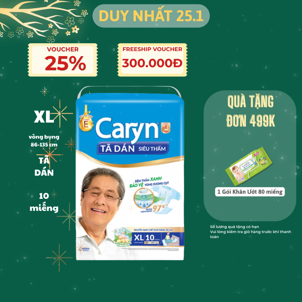 Tã/Bỉm dán người lớn siêu thấm Caryn size M / L / XL - 10 miếng
