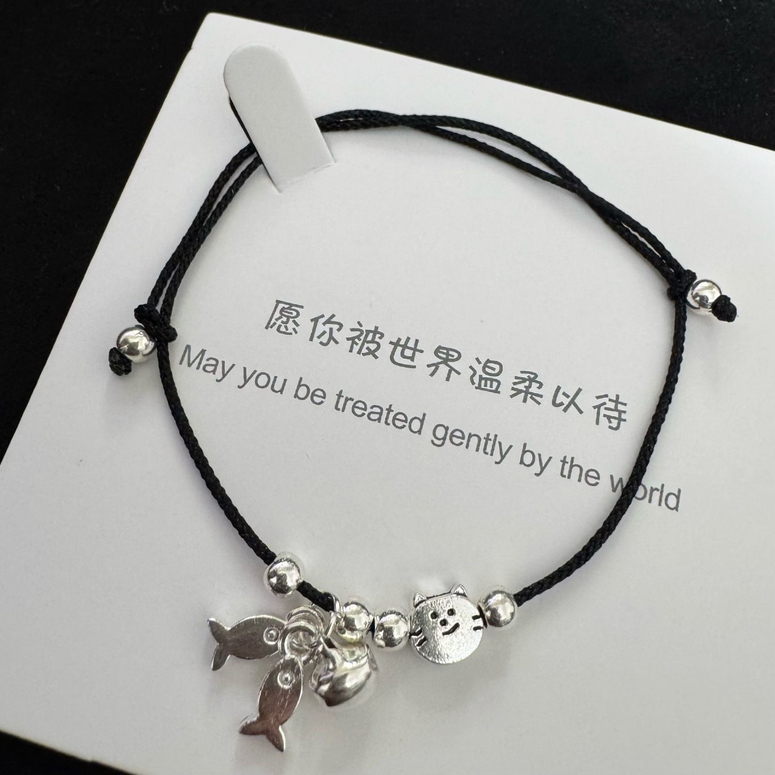 Vòng Tay Dây Handmade Charm Mèo Cá Cute - Vòng Tay May Mắn Unisex phong cách Hàn Quốc | V15 | threesis